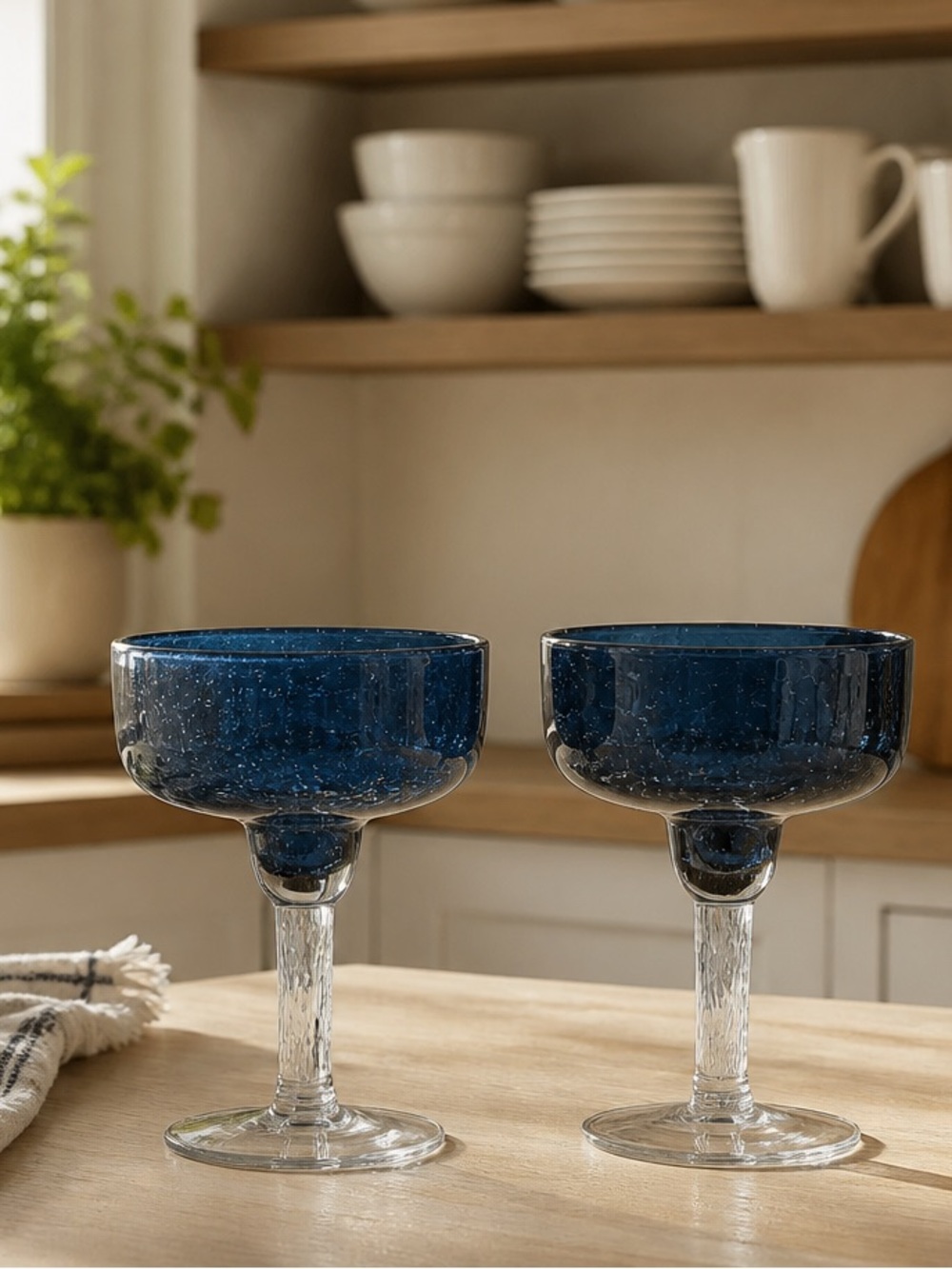 Vintage Hand Blown Cobalt Blue Seeded Bubble Glass Margarita Glasses - Set of 2